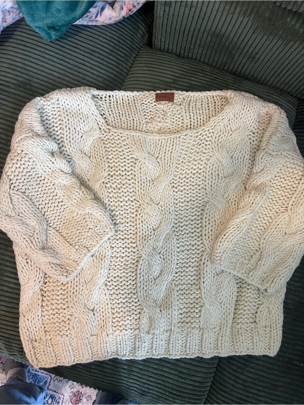 POL Chunky Cable Knit Off-Shoulder Slouchy Oversized Sweater in Cream